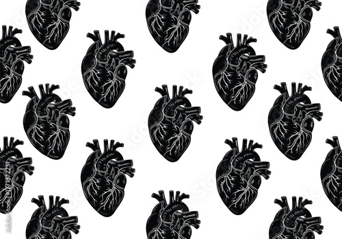Human heart anatomy seamless pattern, detailed cardiovascular organ silhouette vector illustration for medical background, healthcare education, biology science, and anatomy design concept