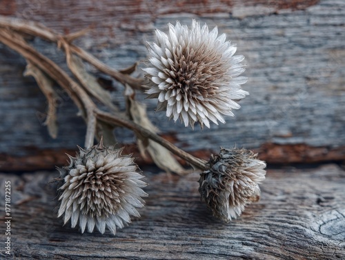 Elegant still life featuring three dried thistle flowers, showcasing their unique textures and varied stages of bloom, subtly arranged on a weathered wooden surface.