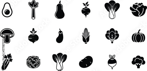 Collection of fresh vegetables and produce icons in a simple silhouette style on white background