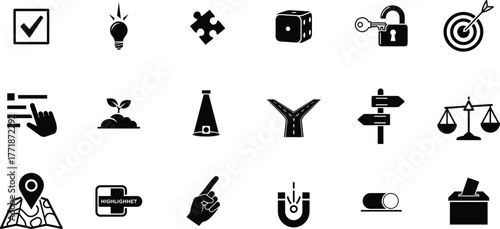 Collection of business and strategy icons representing success growth and decision making