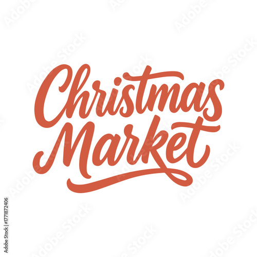 Christmas Market, vector red brush lettering. Modern hand drawn calligraphy on a white background. Christmas vector illustration in ink. Winter typography for a gift poster or card. Vector flat