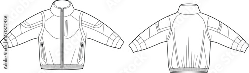 Jacket technical sketch, fashion cad drawing, vector apparel template, garment construction design, clothing blueprint, sporty outerwear illustration, flat vector art