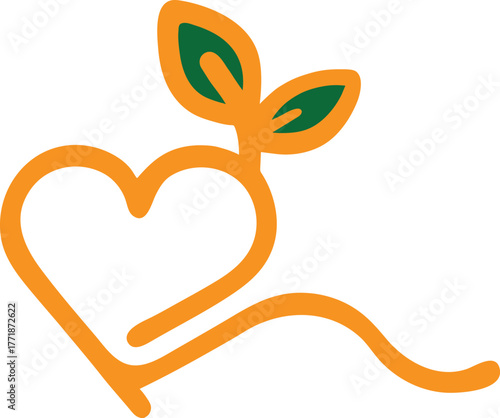 Orange heart shape with green leaves sprouting from the top symbolizing growth and love