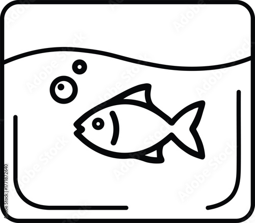 Simple black and white line art icon of a single fish swimming in a clear aquarium with bubbles