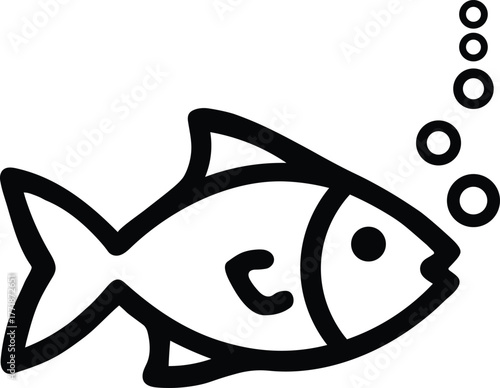 Simple hand drawn black outline of a cute fish swimming with bubbles in a white background