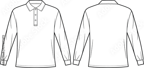 Long sleeve polo shirt front and back technical flat sketch, classic collar fashion apparel design template, cad drawing flat vector illustration
