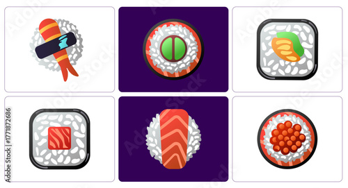 A vibrant vector illustration set featuring assorted Japanese sushi icons, including nigiri, maki, and roe rolls. The artwork showcases varieties such as shrimp, salmon, avocado, and fish roe, each de