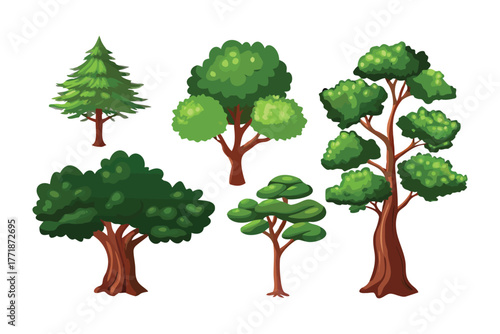 Diverse Trees Set: A collection of various trees, each showcasing distinct foliage and trunk characteristics, embodying nature's diverse forms.