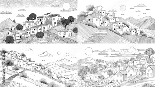 Beautiful hillside village illustration with stone houses and trees in black and white. Detailed hand-drawn line art of a traditional rural town nestled among mountain slopes.
