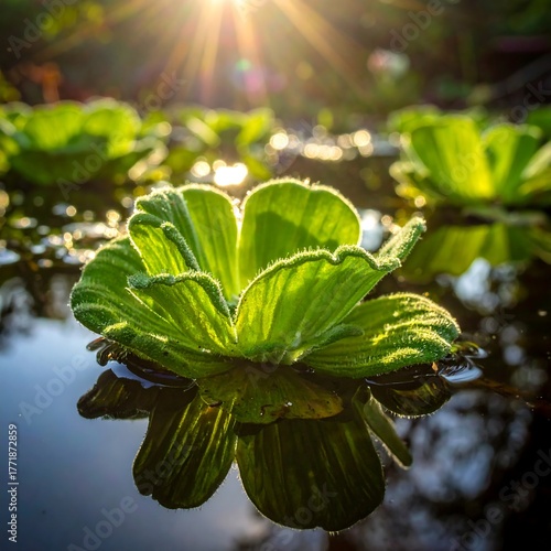 Water Lettuce Floating in Pond with Sun Rays.