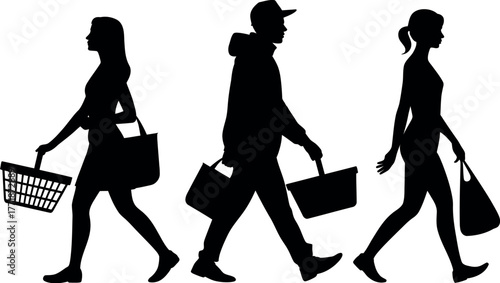 Silhouettes of three people walking with shopping bags and baskets