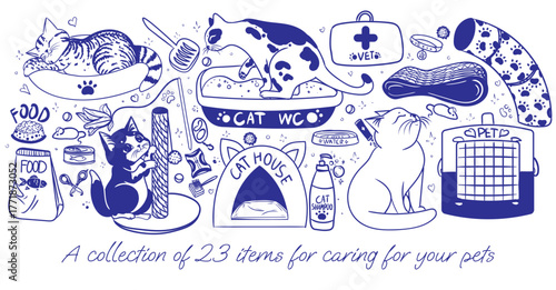 Vector set of veterinary products with cats. Collection of pet care products. Graphic elements for feeding, treatment, care, games, and recreation for kittens