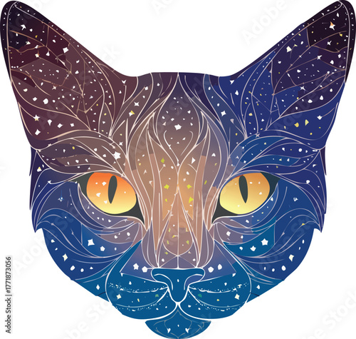 Cat Composed of Galaxy Patterns and Constellations under a Starry Night, Vector Illustration