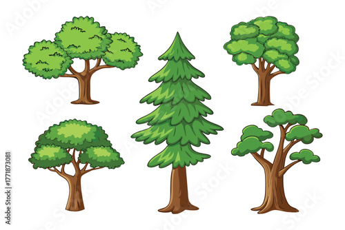 Diverse Tree Collection: A vibrant compilation of diverse trees, each uniquely designed with lush green foliage and sturdy brown trunks. Presenting a versatile selection of nature's icons.