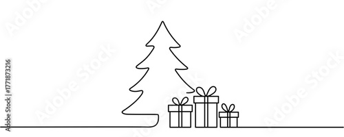 Continuous line drawing of a Christmas tree with a star on top. Festive pine tree and gift box in a simple line style. Vector illustration.