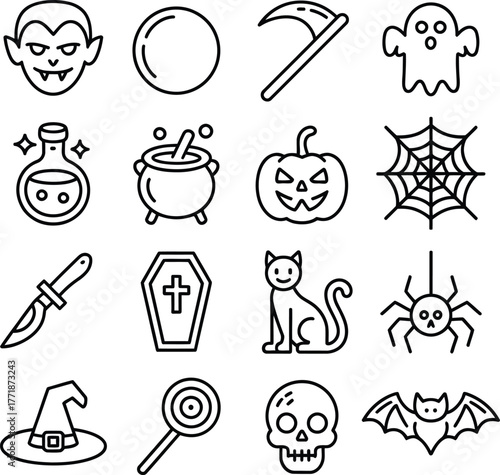 Halloween Themed Black and White Outline Icons Set