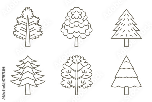 Different tree types line art :A diverse array of different tree types in a clean line art style, perfect for illustrating the variety and beauty of nature's arboreal wonders.