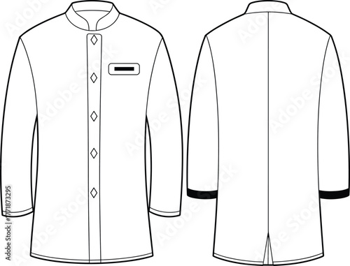 Men’s traditional long sleeve kurta shirt front and back technical fashion flat sketch design with collar detail, cad drawing flat vector illustrationMen’s traditional long sleeve kurta shirt 