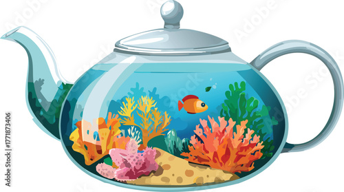 Transparent Glass Teapot Containing a Miniature Underwater Coral World, Blending Surreal Marine Fantasy with Everyday Object Design