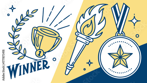 Flat design winner poster with trophy, medal, and torch for success, achievement, and competition concept,Flat design winner poster with trophy, medal, and torch for success, achievement.