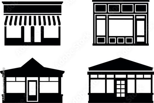 Four distinct storefronts are depicted in black and white silhouettes.