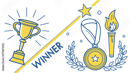 Flat design winner poster with trophy, medal, and torch for success, achievement, and competition concept.