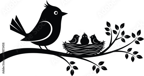 Mother bird feeding chicks in nest on tree branch, family love and care concept, black silhouette vector illustration, wildlife nature design