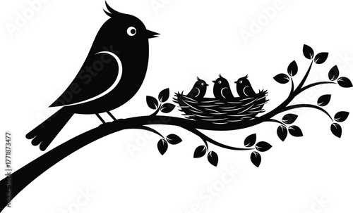 Mother bird feeding chicks on tree branch with nest and leaves, wildlife parenting concept, black silhouette vector illustration for nature design art