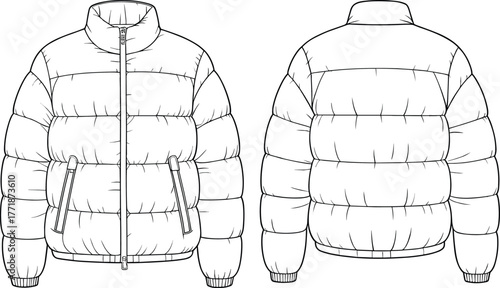 Puffer jacket flat fashion sketch, winter outerwear technical drawing, warm quilted coat vector illustration with zipper and pocket design details
