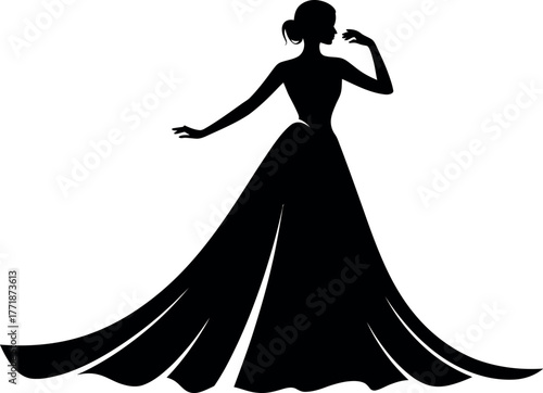 Silhouette of a woman in an elegant evening gown with a long train