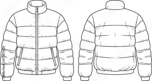 Puffer jacket fashion flat sketch front and back view, winter outerwear design, warm quilted coat, technical clothing CAD vector illustration