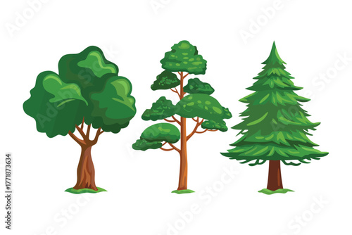 Vibrant Tree Collection: This illustration presents a collection of trees, each uniquely shaped with lush, green foliage and sturdy trunks.