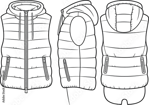 Puffer vest technical fashion flat sketch, front side and back view, winter sleeveless jacket clothing design, detailed CAD drawing illustration
