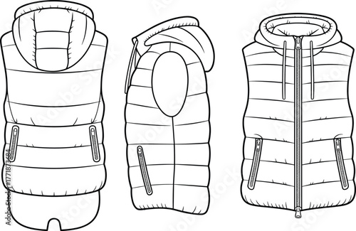 Puffer vest technical flat sketch front back side view winter jacket apparel design template vector illustration for fashion design