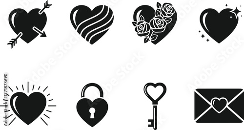 Romantic black heart icons vector illustration, love and valentine symbol collection with key, lock, arrow, rose, and envelope elements for wedding, romance, and passion themes