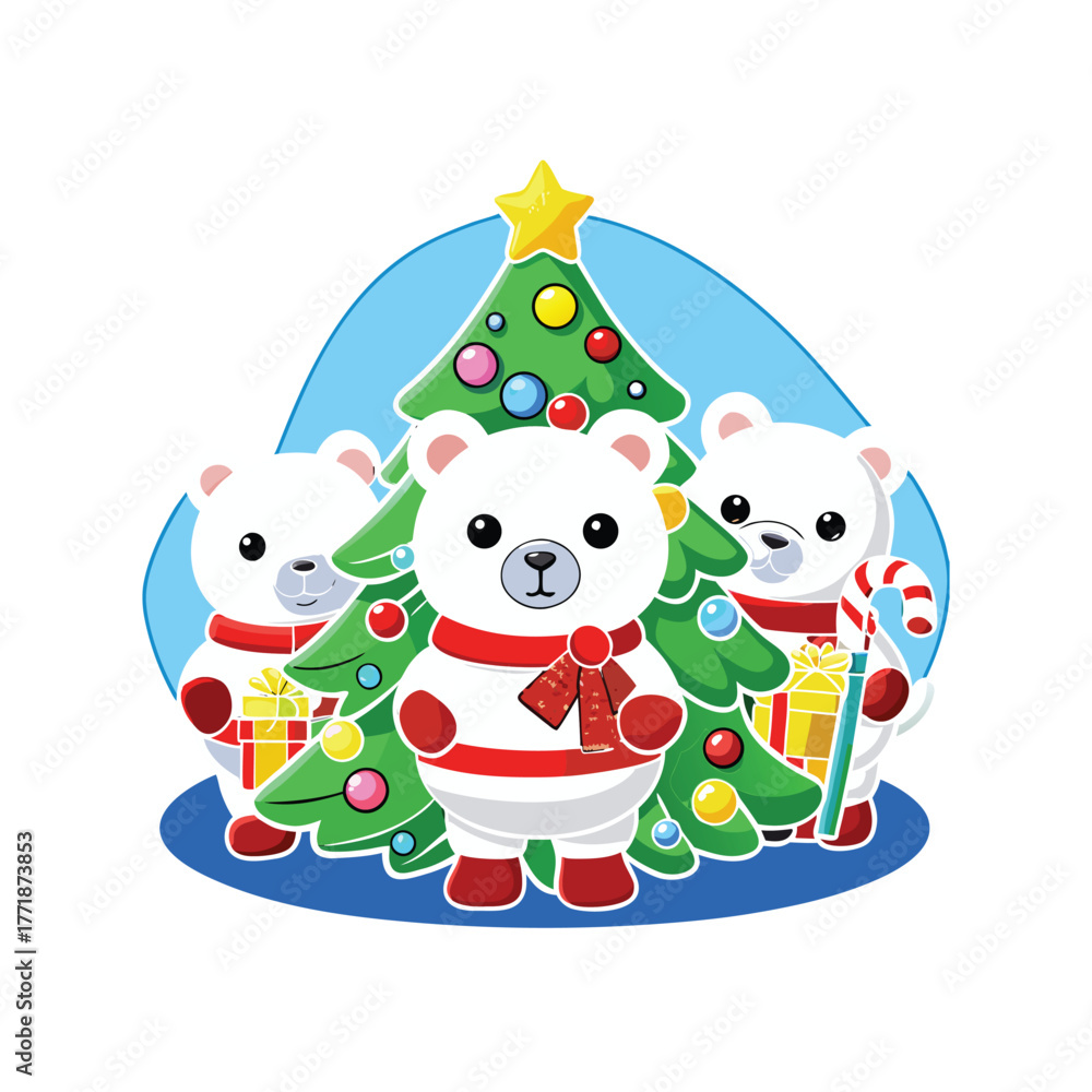 Fototapeta premium Santa Claus flying in the sky with reindeers above a snowy village full moon glowing colorful lights everywhere festive vector design