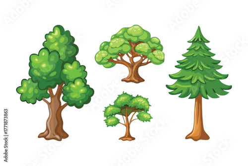 Green Symphony: An artistic collection of vibrant trees, each standing in individual style, evokes a sense of freshness and harmony