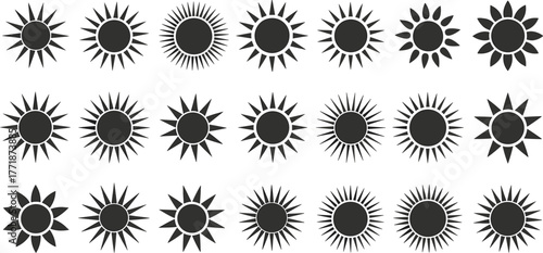 Set of black sun icons with rays, simple sunshine shapes, summer solar symbols, minimal vector illustration design for weather, nature, and energy themes
