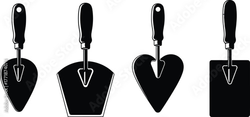 Set of masonry and construction trowel silhouette vector icons, black isolated plastering tools for building, repair, bricklaying, and cement work illustration