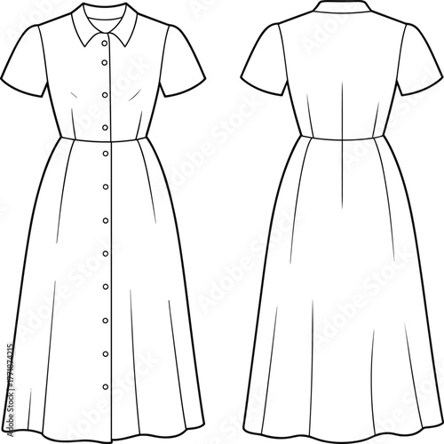 Short sleeve button down shirt dress fashion flat sketch with collar, waist seam, long skirt, front and back technical drawing illustration