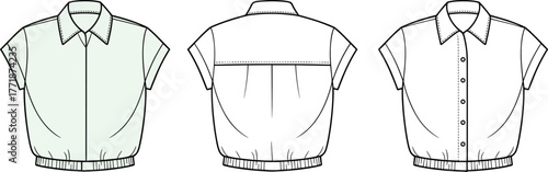 Short sleeve collared blouse front and back flat sketch with button details, fashion design shirt template, cad drawing flat vector illustration