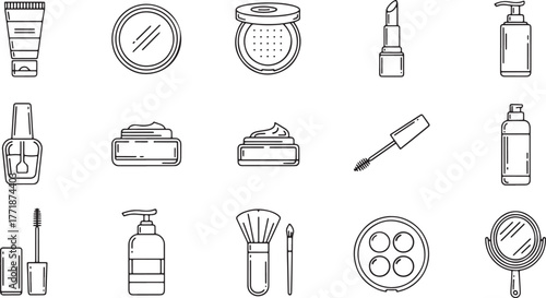 Hand drawn sketch icons of various cosmetic products