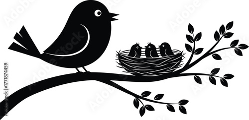 Silhouette illustration of mother bird feeding chicks in nest, perched on tree branch with leaves, wildlife nature concept, spring forest vector design