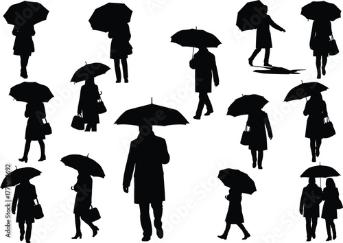 Silhouette people walking with umbrellas in rainy weather, men and women under umbrella, vector illustration for city rain scene design, isolated figures