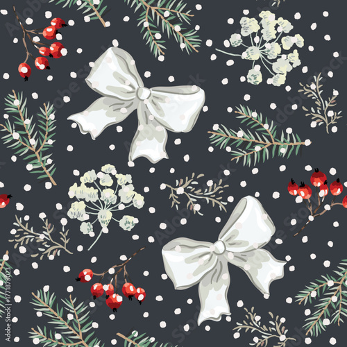 Christmas seamless pattern, white bows, fir twigs, red berries, snow, black night background. Vector illustration. Forest nature design. Season greeting. Winter holidays