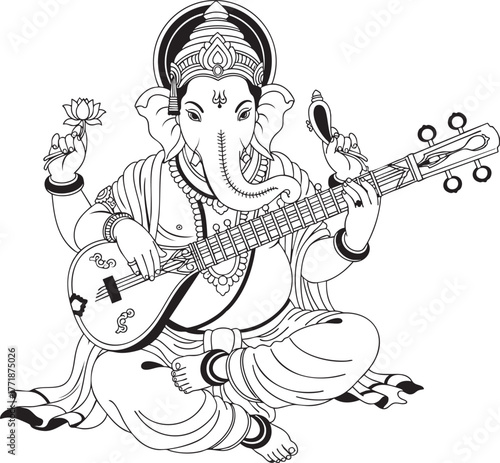 Lord Ganesha Playing Veena Coloring Page – Hindu God Line Art, Ganpati Outline Drawing, Spiritual Art for Kids and Adults Coloring