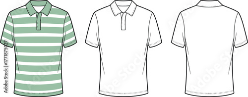 Striped polo shirt front and back flat sketch, short sleeve casual t-shirt fashion template design, cad drawing flat vector illustration