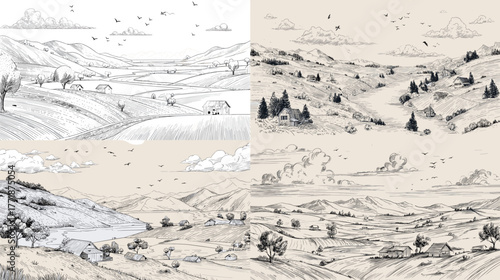 Ink landscape sketch of rolling hills and valleys with trees and clouds in the sky. Artistic monochrome countryside illustration showing natural beauty and rural serenity.