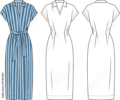 Striped shirt dress front and back flat sketch, short sleeve belted midi dress fashion template design, cad drawing flat vector illustration