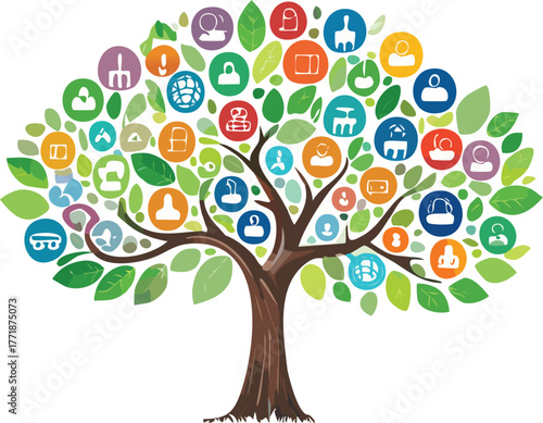 Tree with Leaves Representing Various Social Media Icons, Commentary on Digital Life Illustration